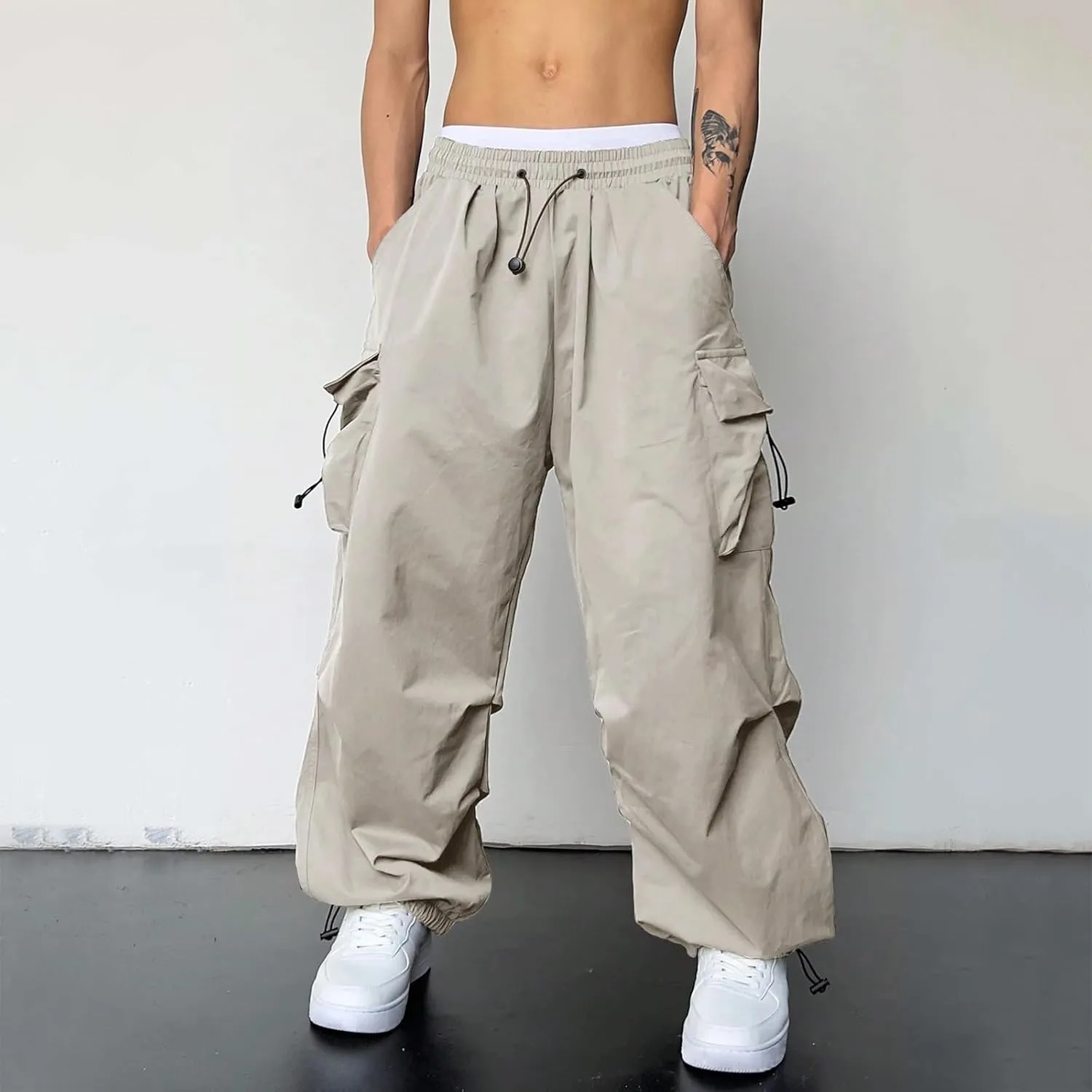 Mens Cargo Pants Casual Work Pant Drawstring Elastic Waist Hip Hop Harem Pants with Pockets