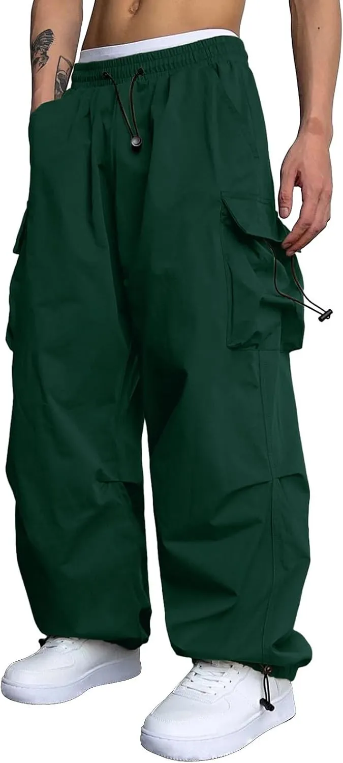 Mens Cargo Pants Casual Work Pant Drawstring Elastic Waist Hip Hop Harem Pants with Pockets