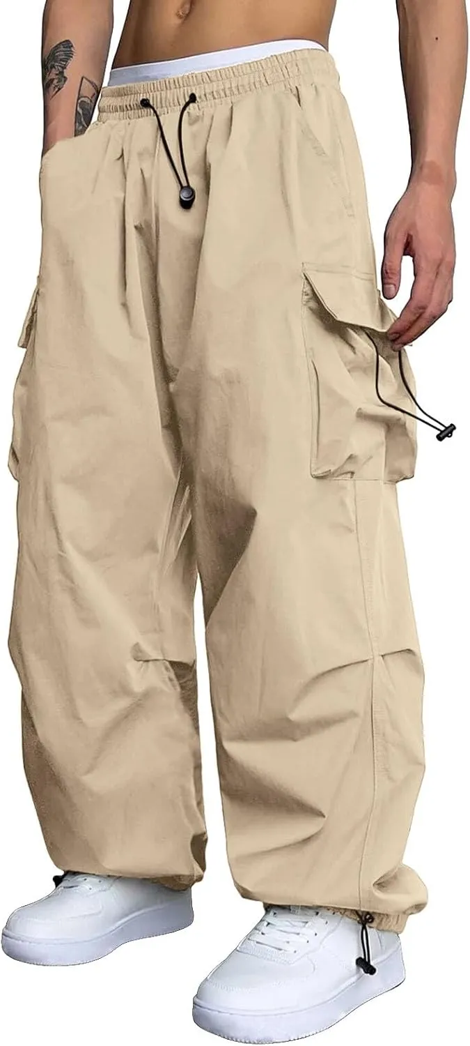 Mens Cargo Pants Casual Work Pant Drawstring Elastic Waist Hip Hop Harem Pants with Pockets