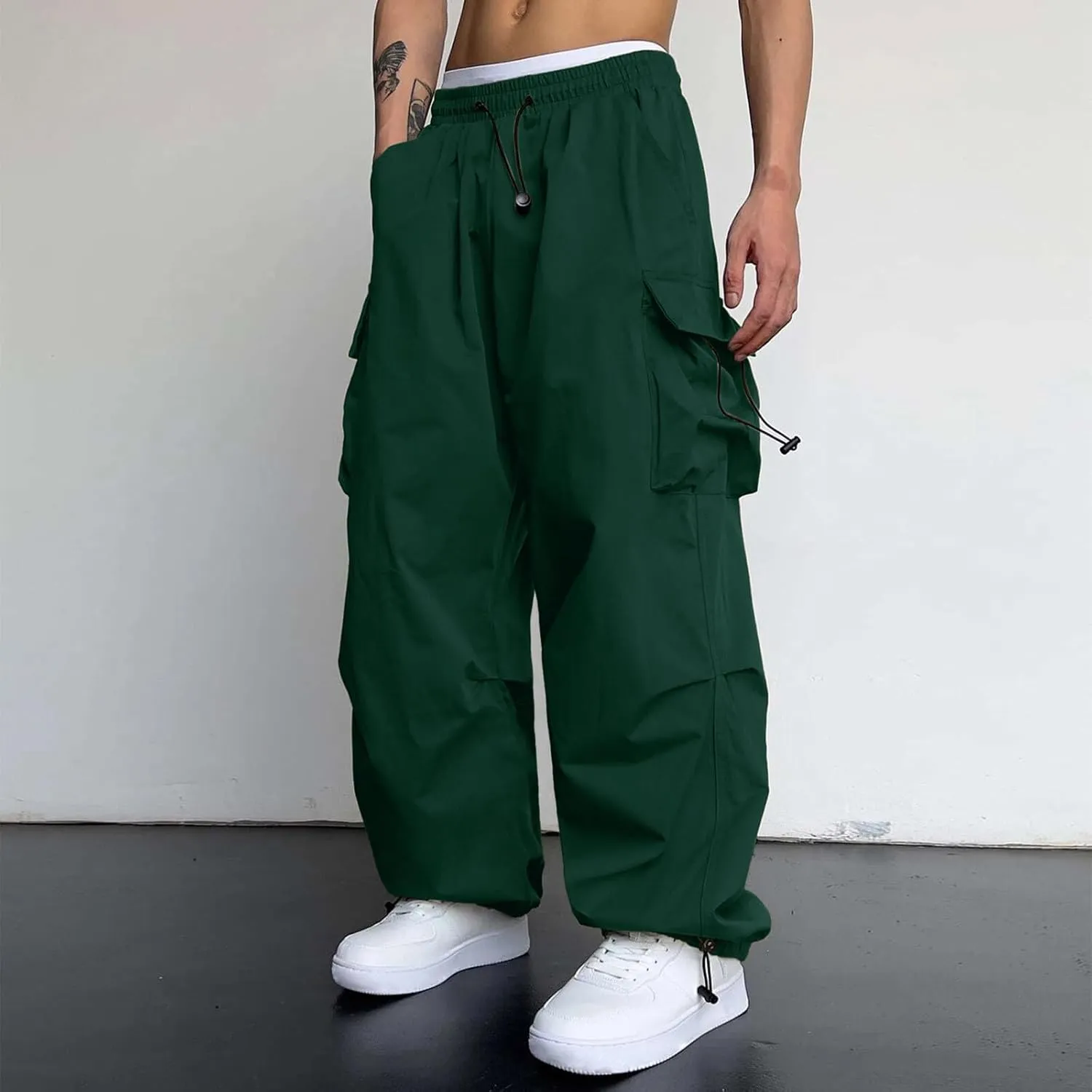 Mens Cargo Pants Casual Work Pant Drawstring Elastic Waist Hip Hop Harem Pants with Pockets