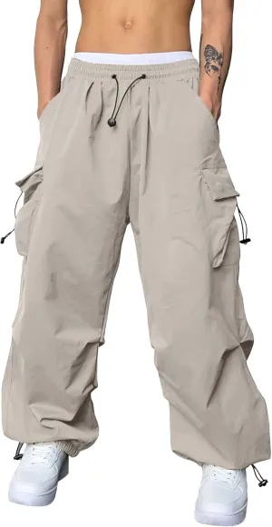 Mens Cargo Pants Casual Work Pant Drawstring Elastic Waist Hip Hop Harem Pants with Pockets