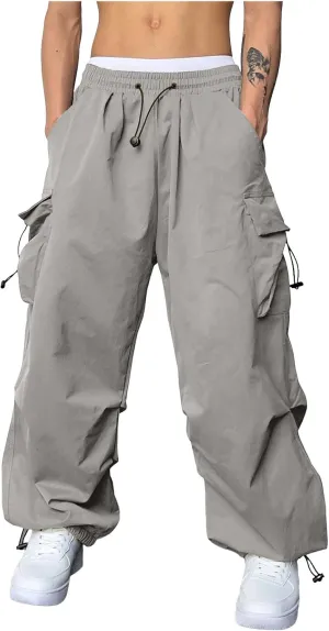 Mens Cargo Pants Casual Work Pant Drawstring Elastic Waist Hip Hop Harem Pants with Pockets