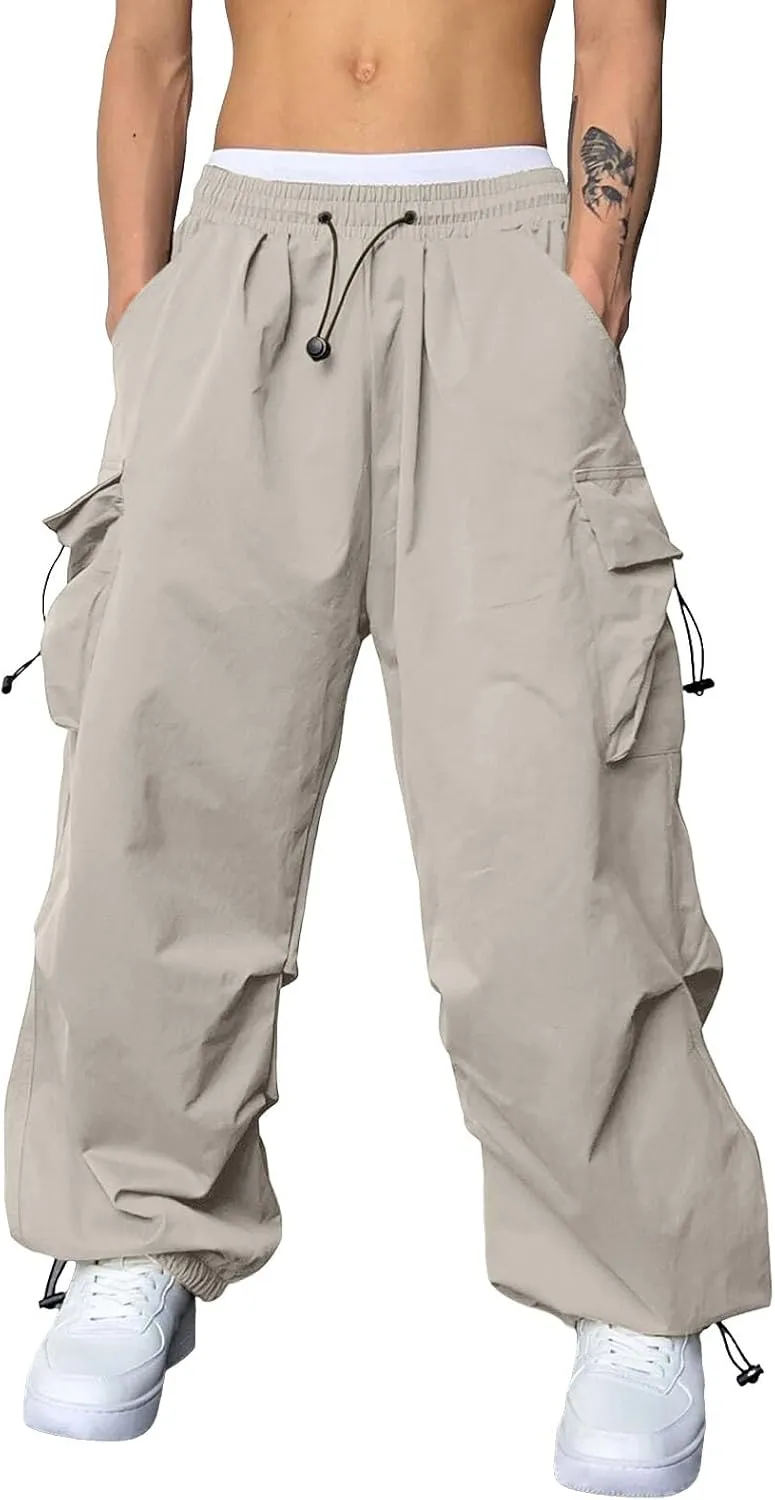 Mens Cargo Pants Casual Work Pant Drawstring Elastic Waist Hip Hop Harem Pants with Pockets