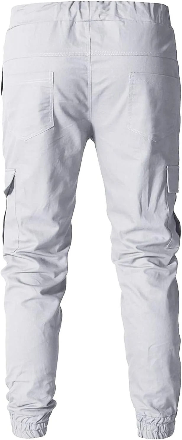 Men's Cargo Pants Elastic Drawstring Joggers Hiking Sweatpants Relaxed Fit Outdoor Tapered Pants with Multi Pockets