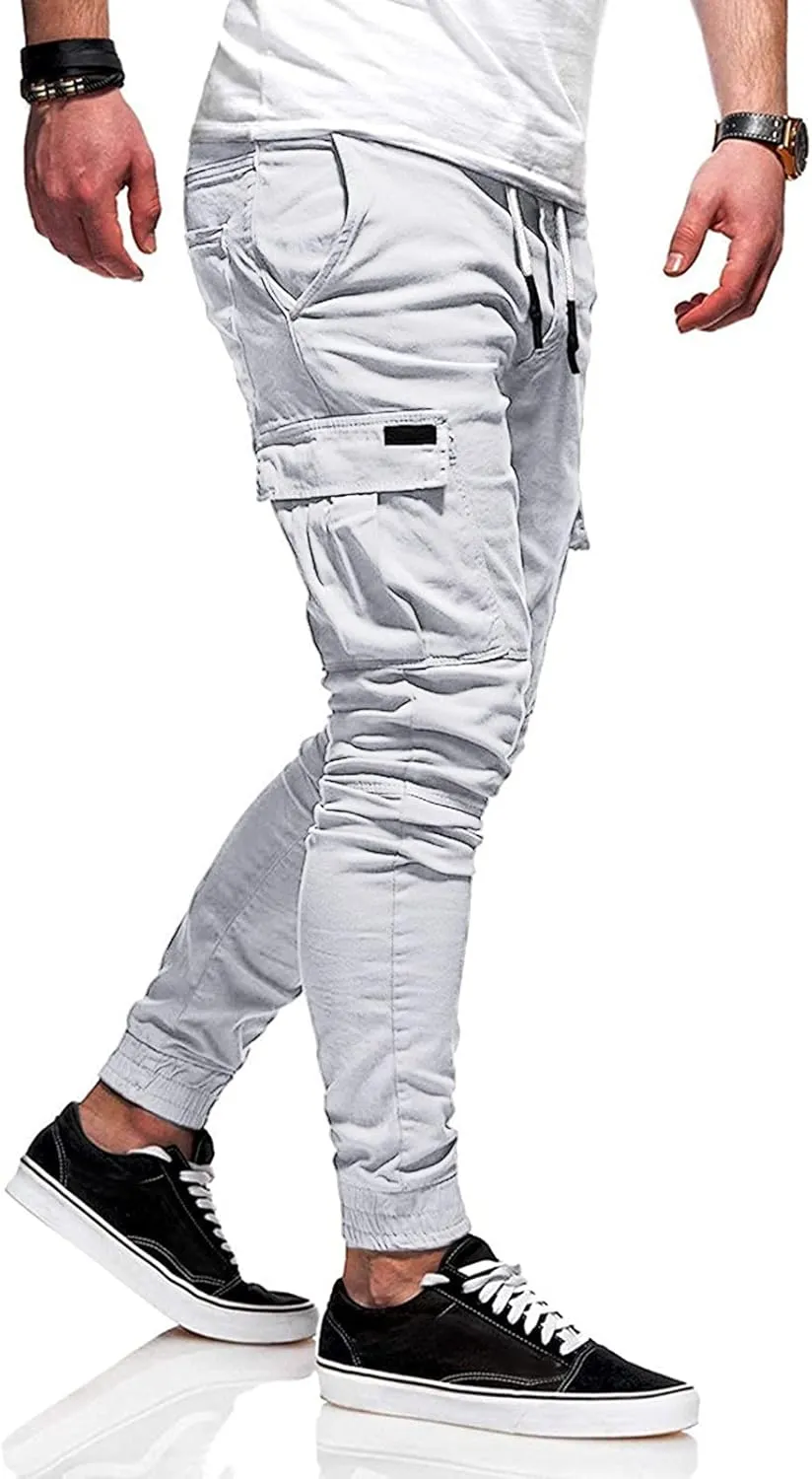 Men's Cargo Pants Elastic Drawstring Joggers Hiking Sweatpants Relaxed Fit Outdoor Tapered Pants with Multi Pockets