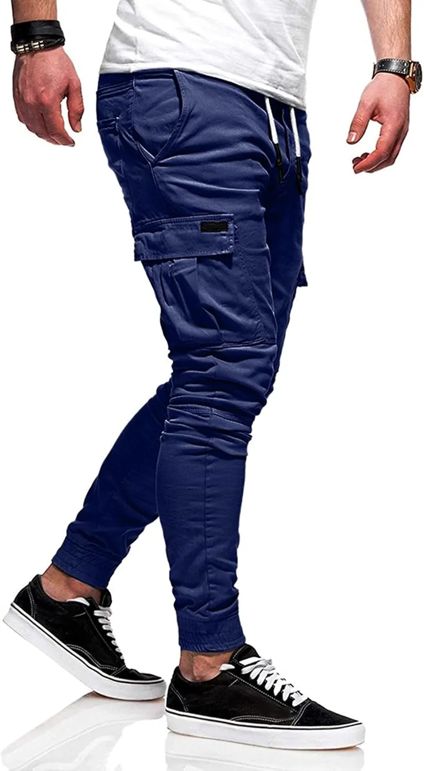 Men's Cargo Pants Elastic Drawstring Joggers Hiking Sweatpants Relaxed Fit Outdoor Tapered Pants with Multi Pockets
