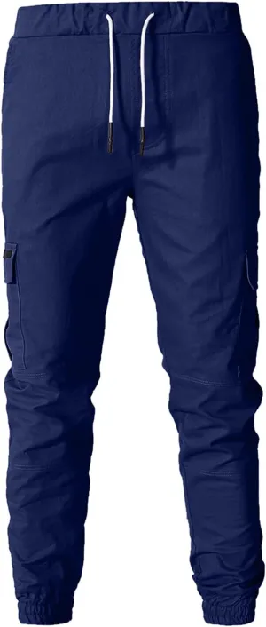 Men's Cargo Pants Elastic Drawstring Joggers Hiking Sweatpants Relaxed Fit Outdoor Tapered Pants with Multi Pockets