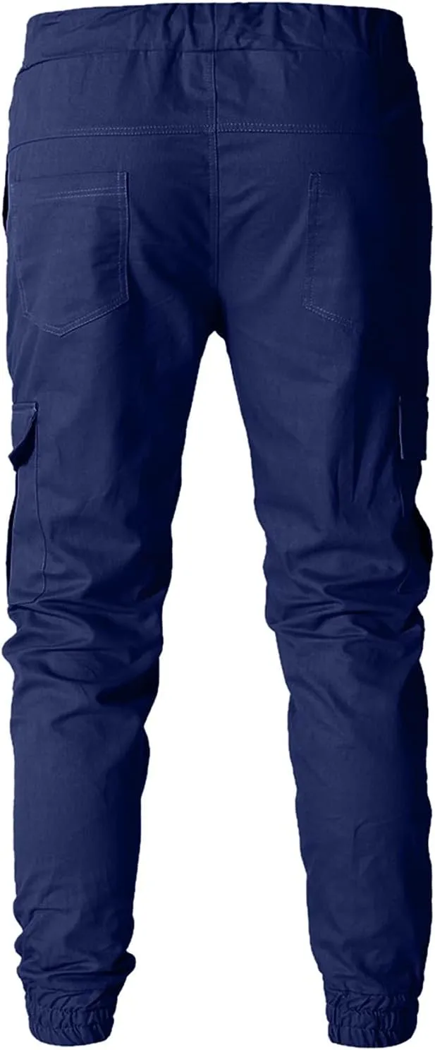 Men's Cargo Pants Elastic Drawstring Joggers Hiking Sweatpants Relaxed Fit Outdoor Tapered Pants with Multi Pockets