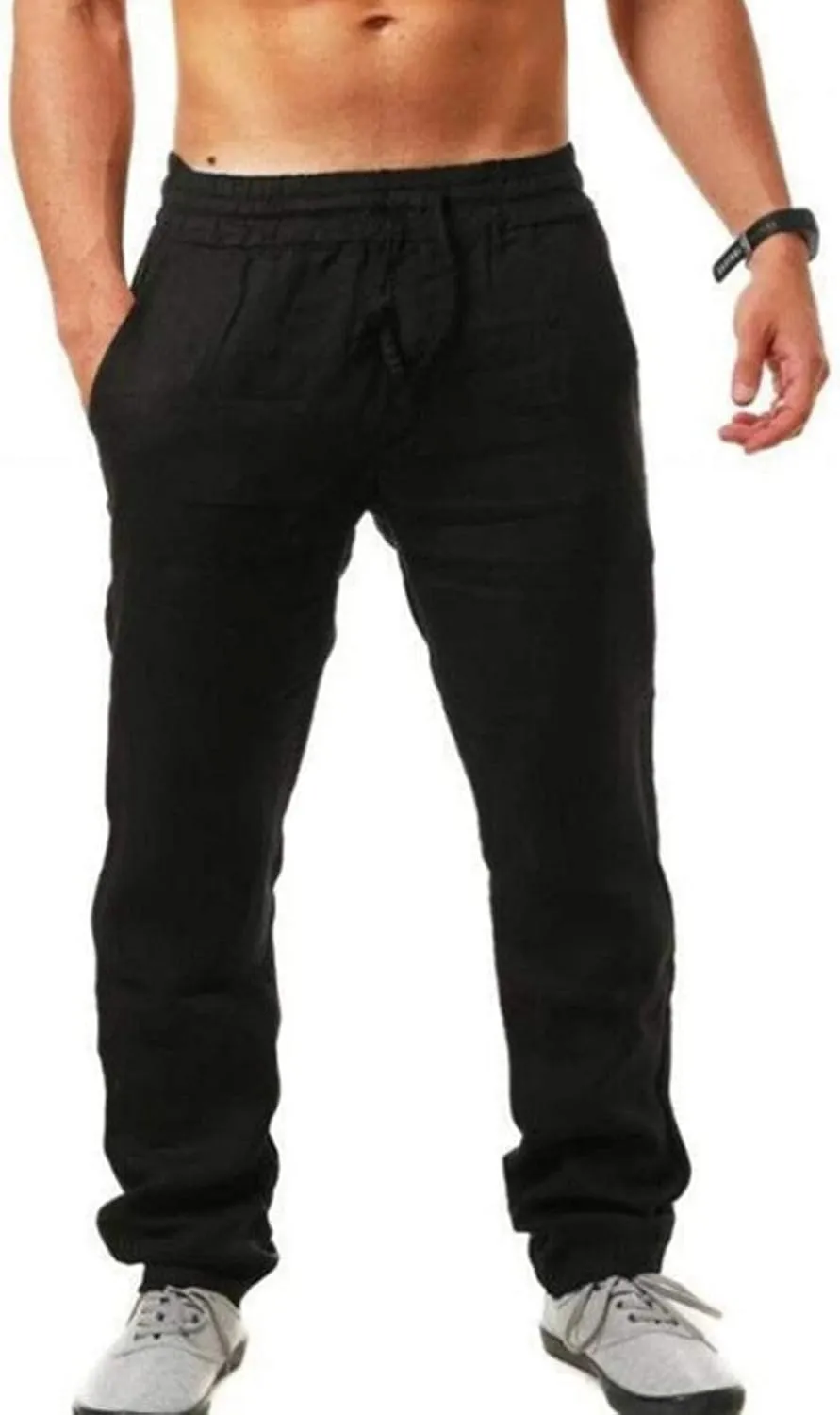 Mens Casual Linen Pants Breathable Casual Pants Cotton Loose Elastic Waist Drawstring Lightweight Linen Drawstring
