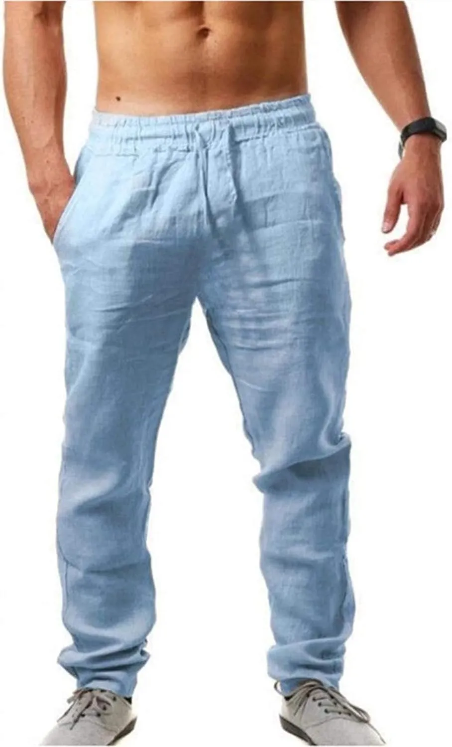 Mens Casual Linen Pants Breathable Casual Pants Cotton Loose Elastic Waist Drawstring Lightweight Linen Drawstring