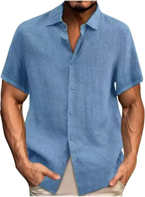 Mens Casual Linen Shirts Short Sleeve Button Down Shirt Solid Summer Beach Vacation Shirt Untucked Dress Shirt