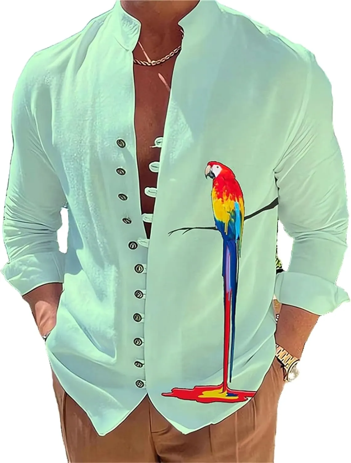 Men's Casual Sports Long Sleeve Button Down Shirt Beach Fashion Printed Bird Shirts