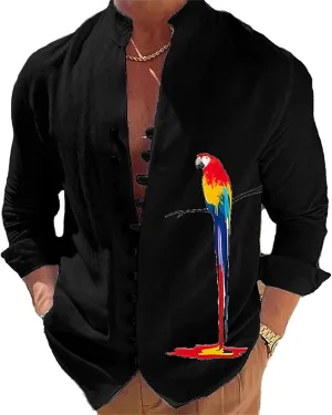 Men's Casual Sports Long Sleeve Button Down Shirt Beach Fashion Printed Bird Shirts