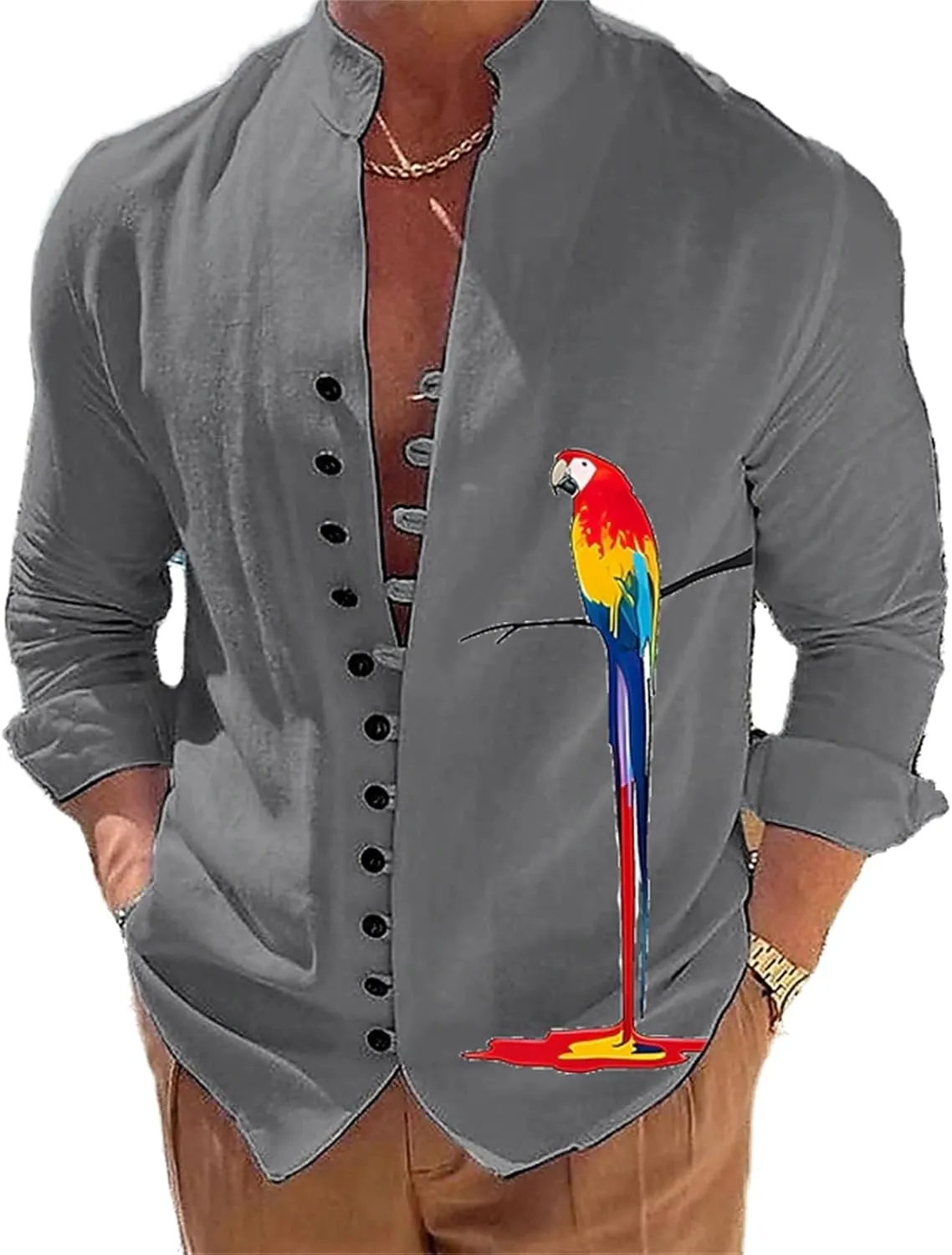 Men's Casual Sports Long Sleeve Button Down Shirt Beach Fashion Printed Bird Shirts