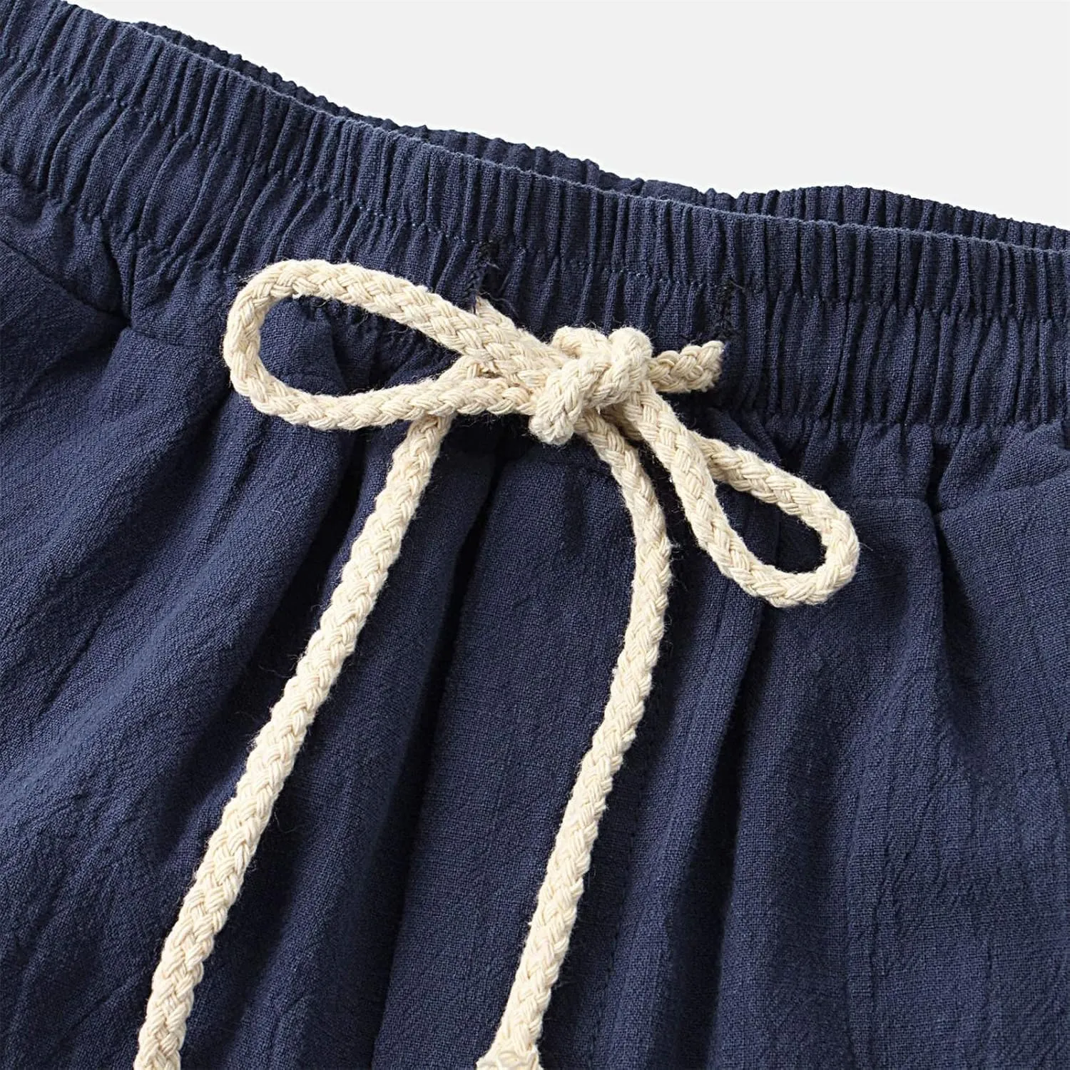 Mens Cotton Linen Bermuda Shorts Casual Slim Fit Elastic Waist Board Shorts with Pockets Lightweight Athletic Workout Shorts
