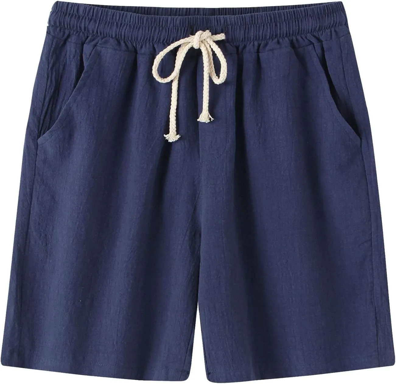 Mens Cotton Linen Bermuda Shorts Casual Slim Fit Elastic Waist Board Shorts with Pockets Lightweight Athletic Workout Shorts