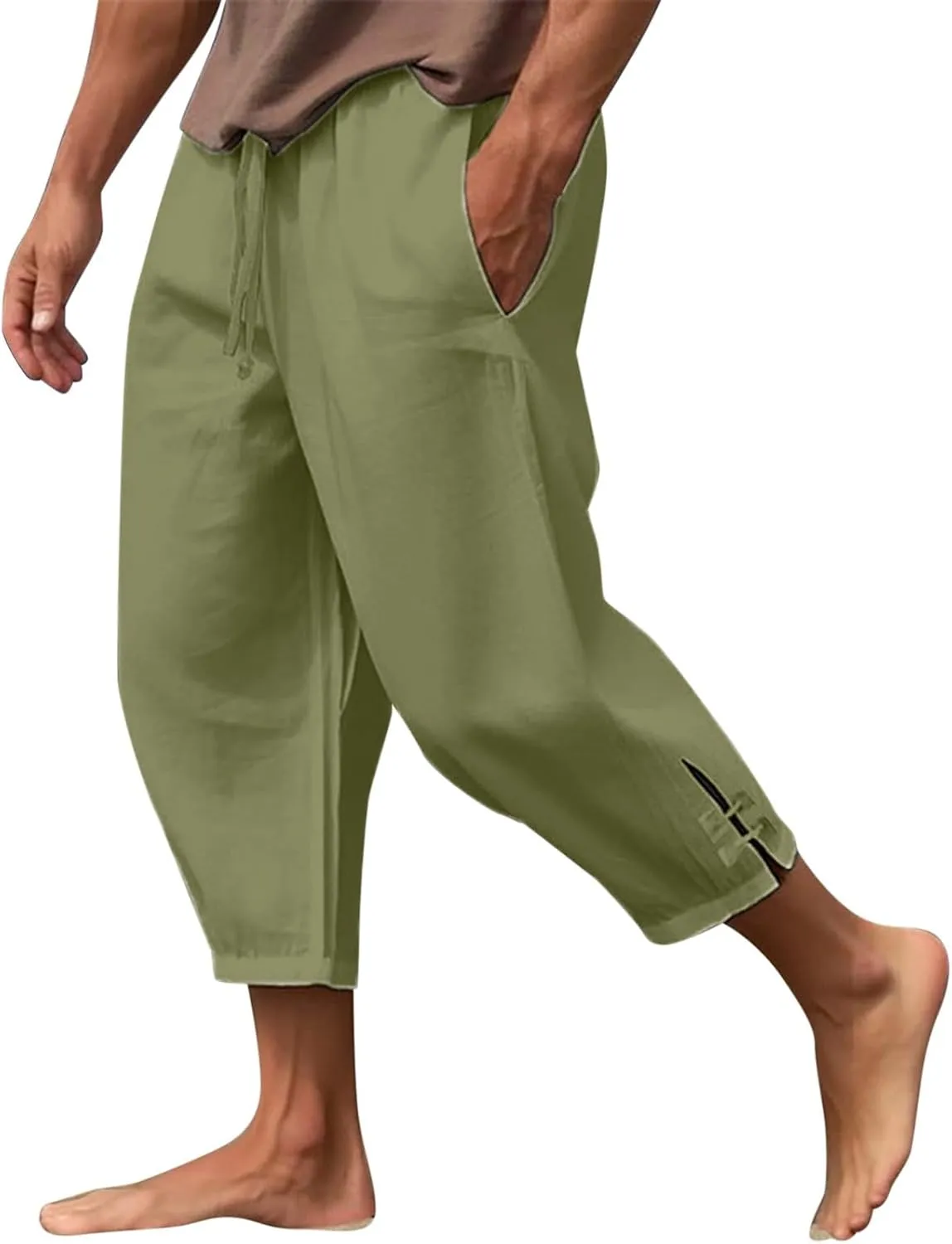 Mens Cotton Linen Capri Pants Oversized Loose Elastic Waist Harem Pants Quick Dry Hippie Beach Short Trousers Pockets