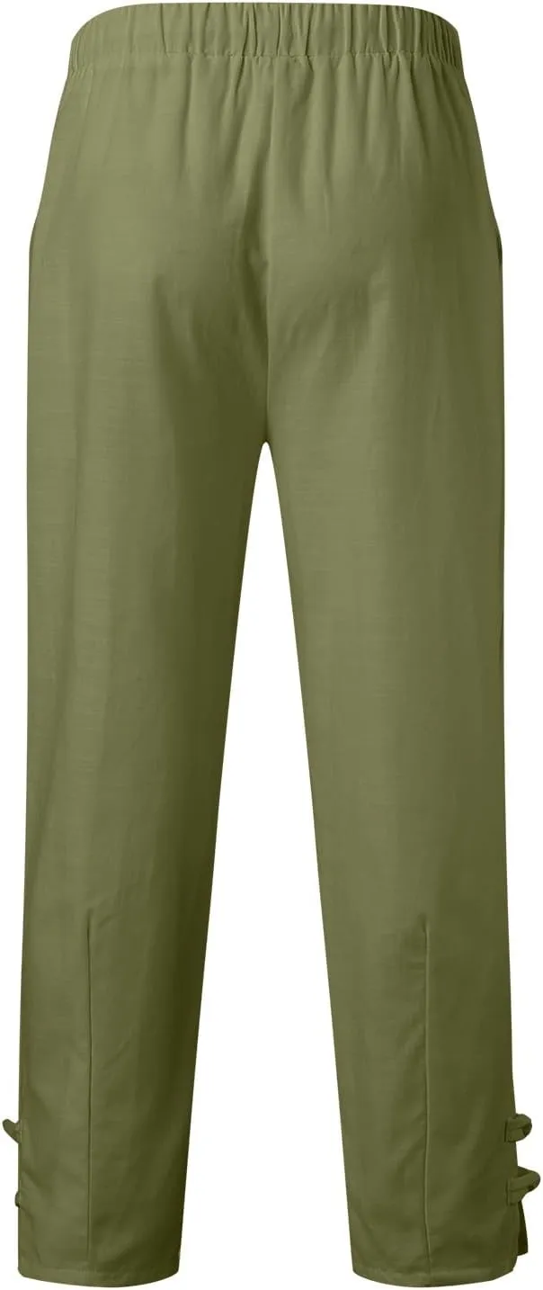 Mens Cotton Linen Capri Pants Oversized Loose Elastic Waist Harem Pants Quick Dry Hippie Beach Short Trousers Pockets