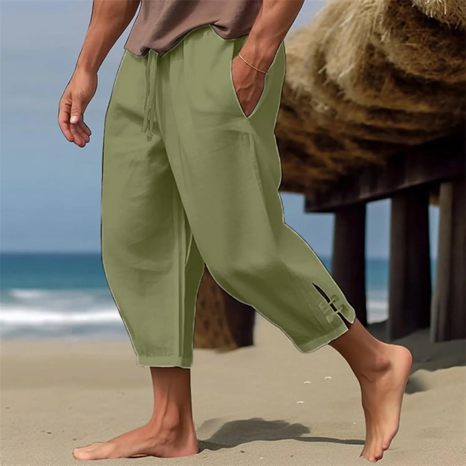 Mens Cotton Linen Capri Pants Oversized Loose Elastic Waist Harem Pants Quick Dry Hippie Beach Short Trousers Pockets