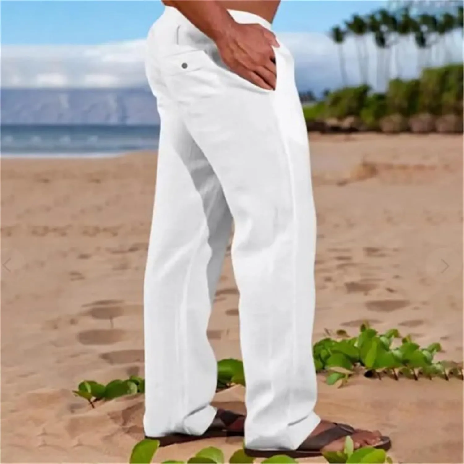 Mens Cotton Linen Pants Basic Casual Relaxed Fit Yoga Beach Sport Trousers Solid Color Breathable Elastic Drawstring