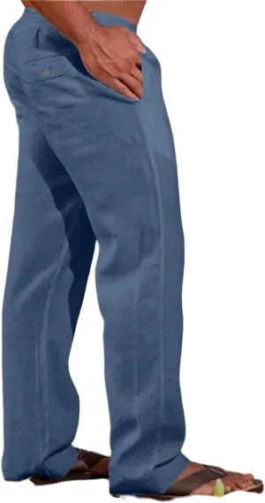 Mens Cotton Linen Pants Basic Casual Relaxed Fit Yoga Beach Sport Trousers Solid Color Breathable Elastic Drawstring