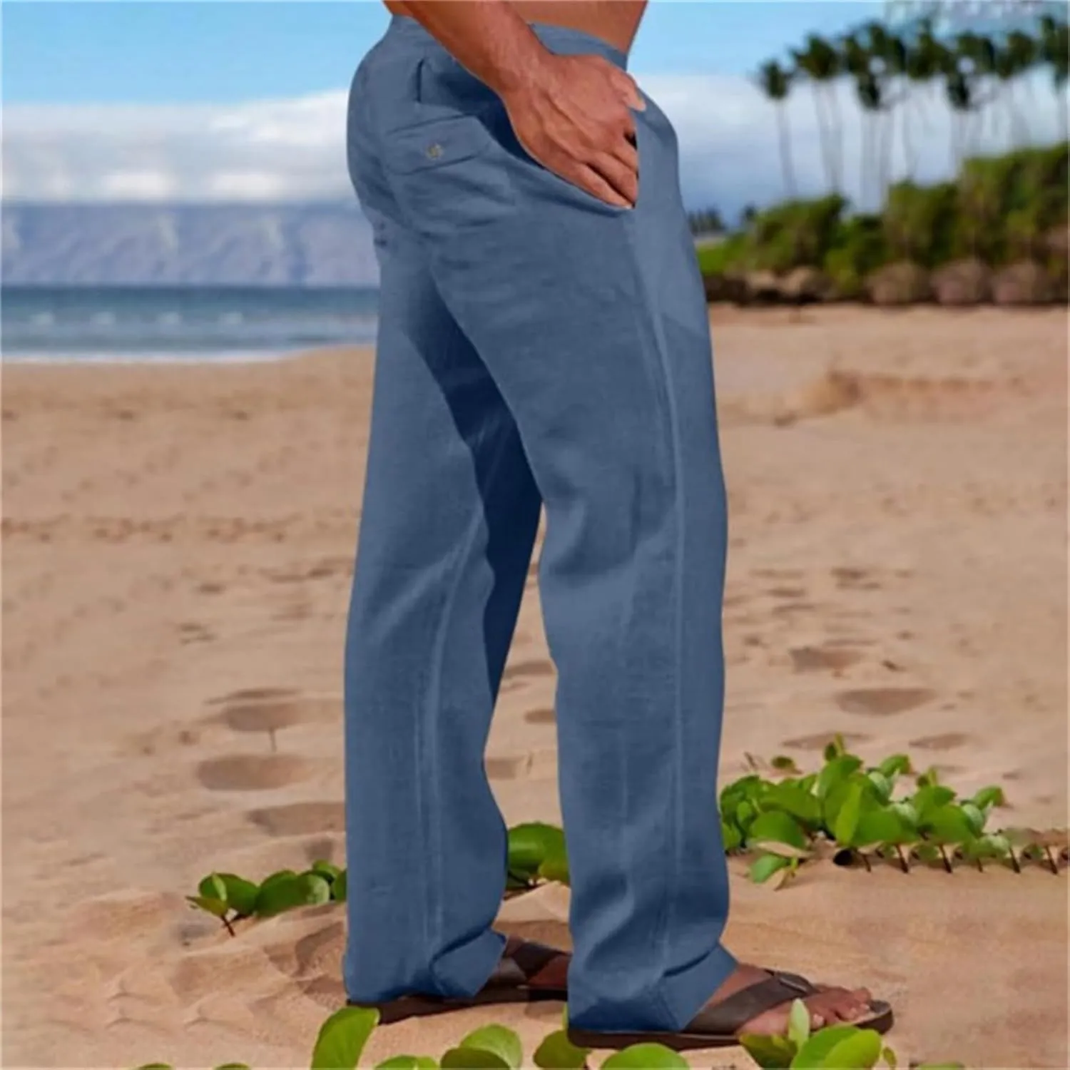 Mens Cotton Linen Pants Basic Casual Relaxed Fit Yoga Beach Sport Trousers Solid Color Breathable Elastic Drawstring