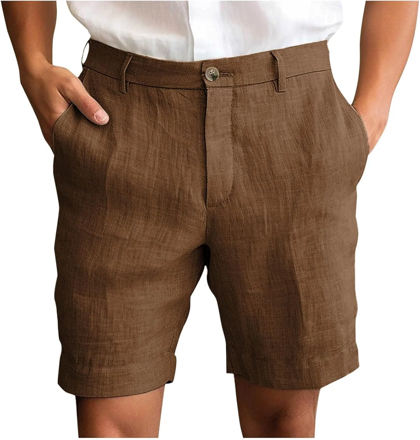 Mens Cotton Linen Shorts Flat Front Business Casual Dress Pants Button Up Elastic Waist Summer Beach Slim Fit Short