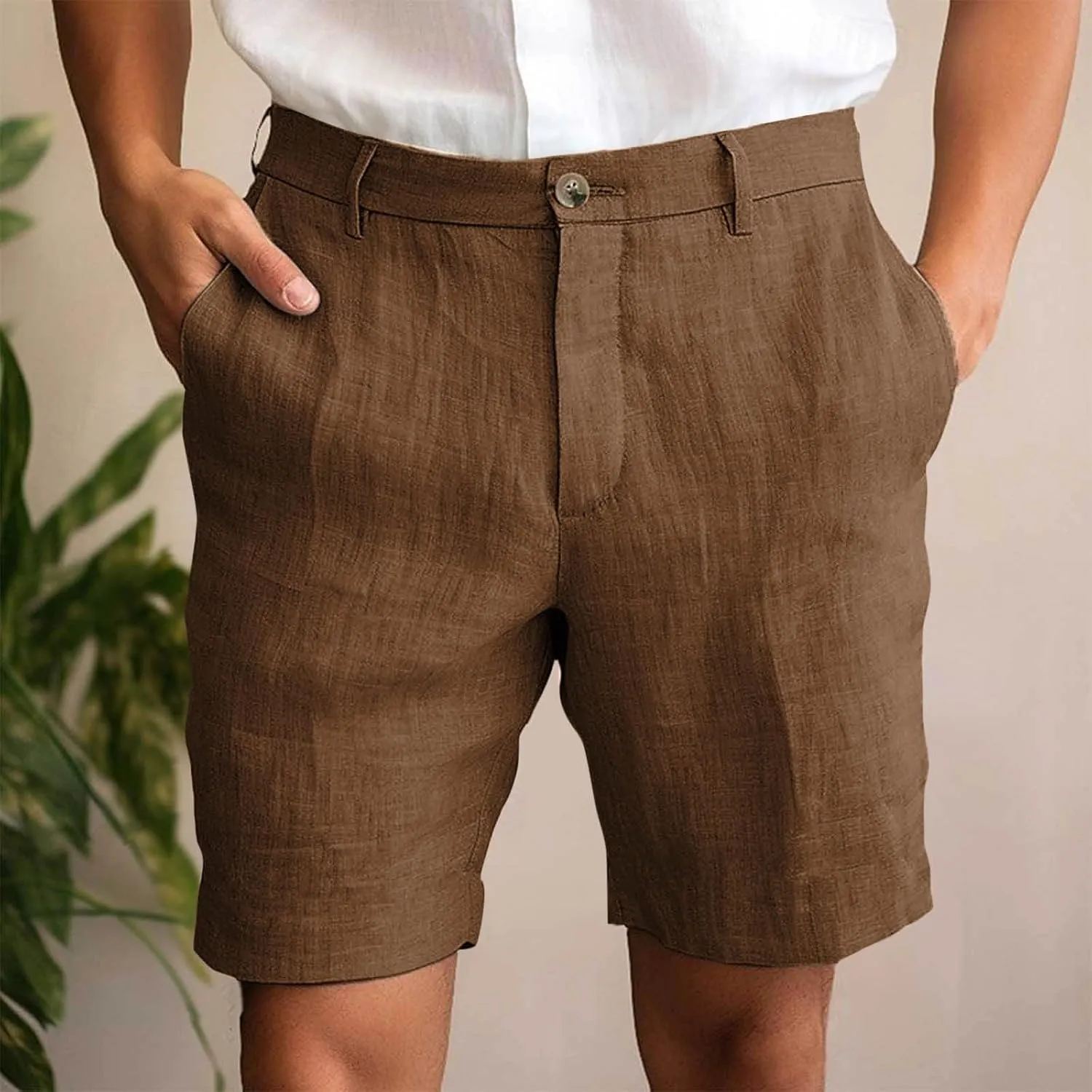 Mens Cotton Linen Shorts Flat Front Business Casual Dress Pants Button Up Elastic Waist Summer Beach Slim Fit Short