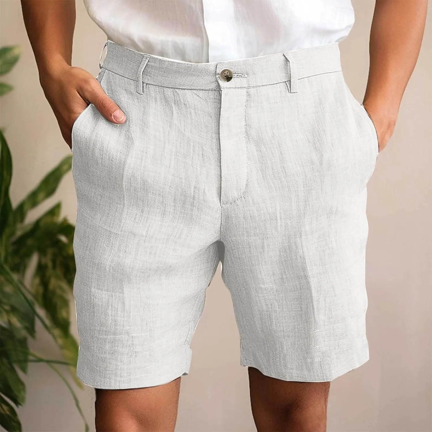 Mens Cotton Linen Shorts Flat Front Business Casual Dress Pants Button Up Elastic Waist Summer Beach Slim Fit Short