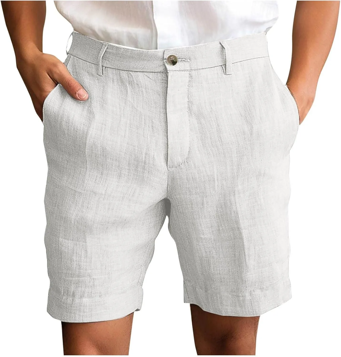 Mens Cotton Linen Shorts Flat Front Business Casual Dress Pants Button Up Elastic Waist Summer Beach Slim Fit Short
