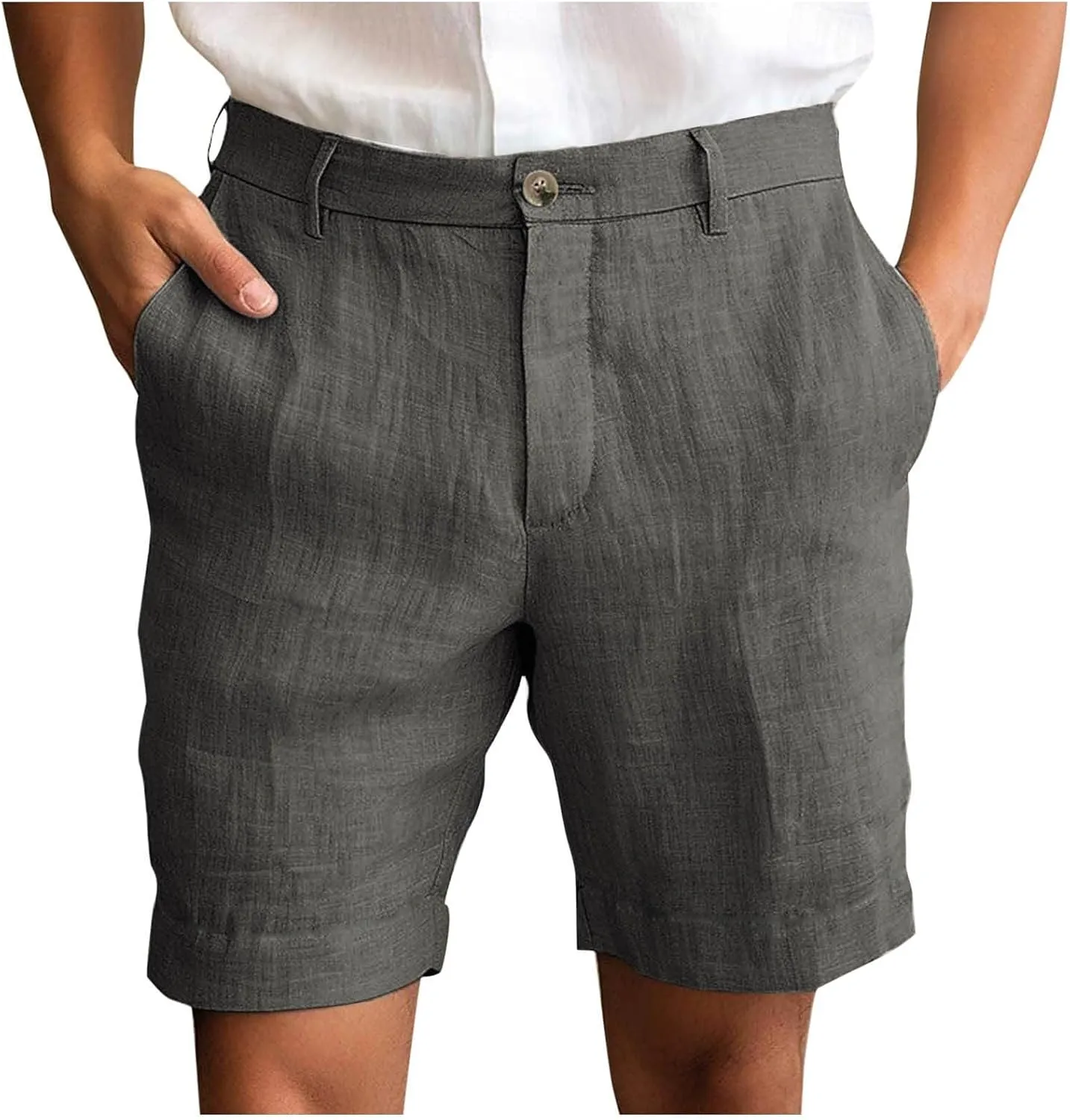 Men's Cotton Linen Shorts Solid Color Casual Pocket Half Shorts Button Zipper Dress Pants with Pockets