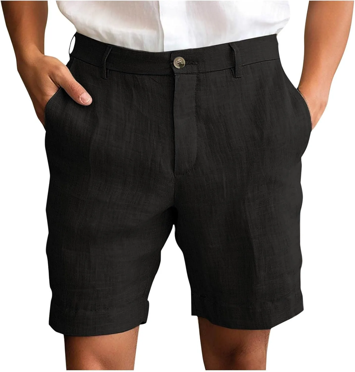 Men's Cotton Linen Shorts Solid Color Casual Pocket Half Shorts Button Zipper Dress Pants with Pockets