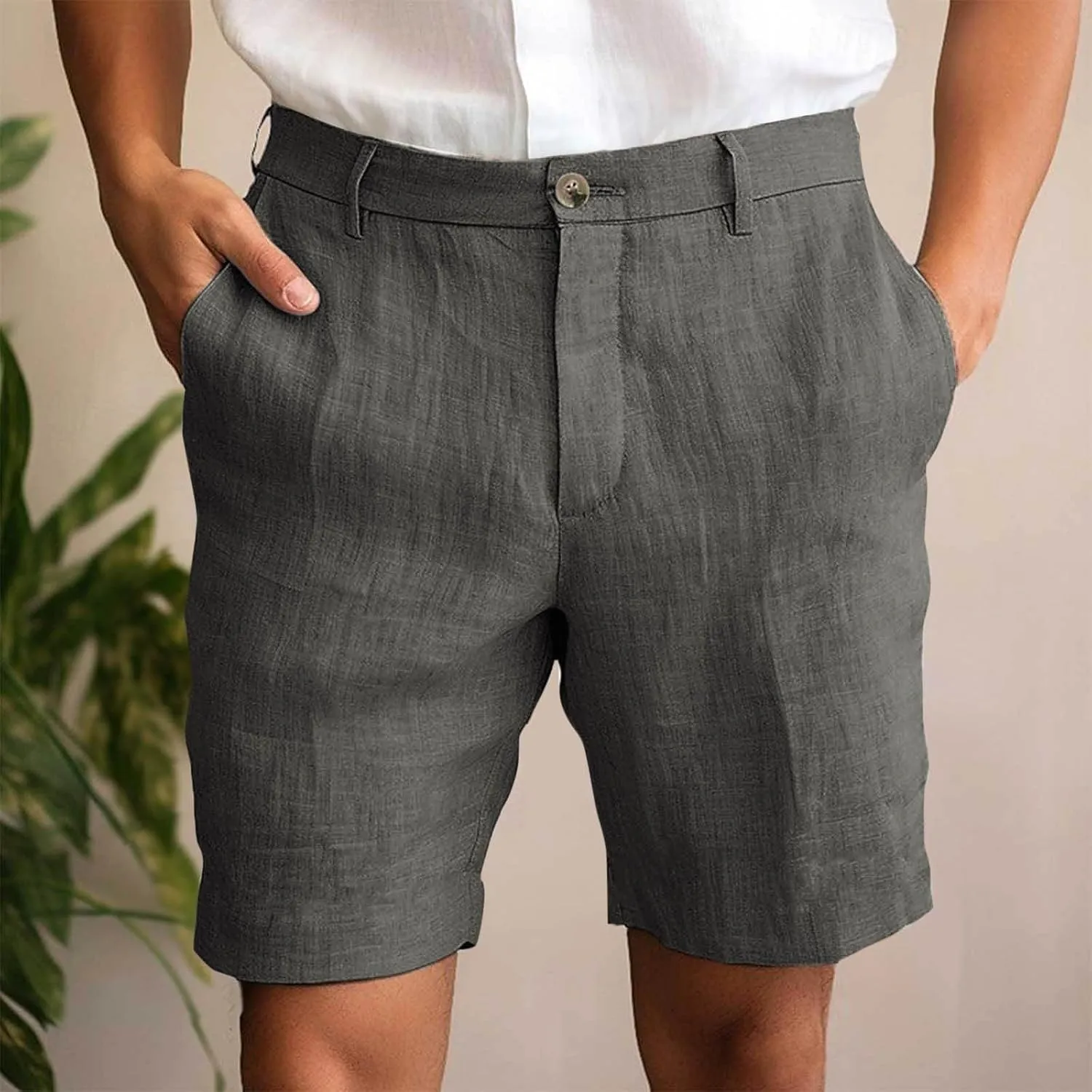 Men's Cotton Linen Shorts Solid Color Casual Pocket Half Shorts Button Zipper Dress Pants with Pockets