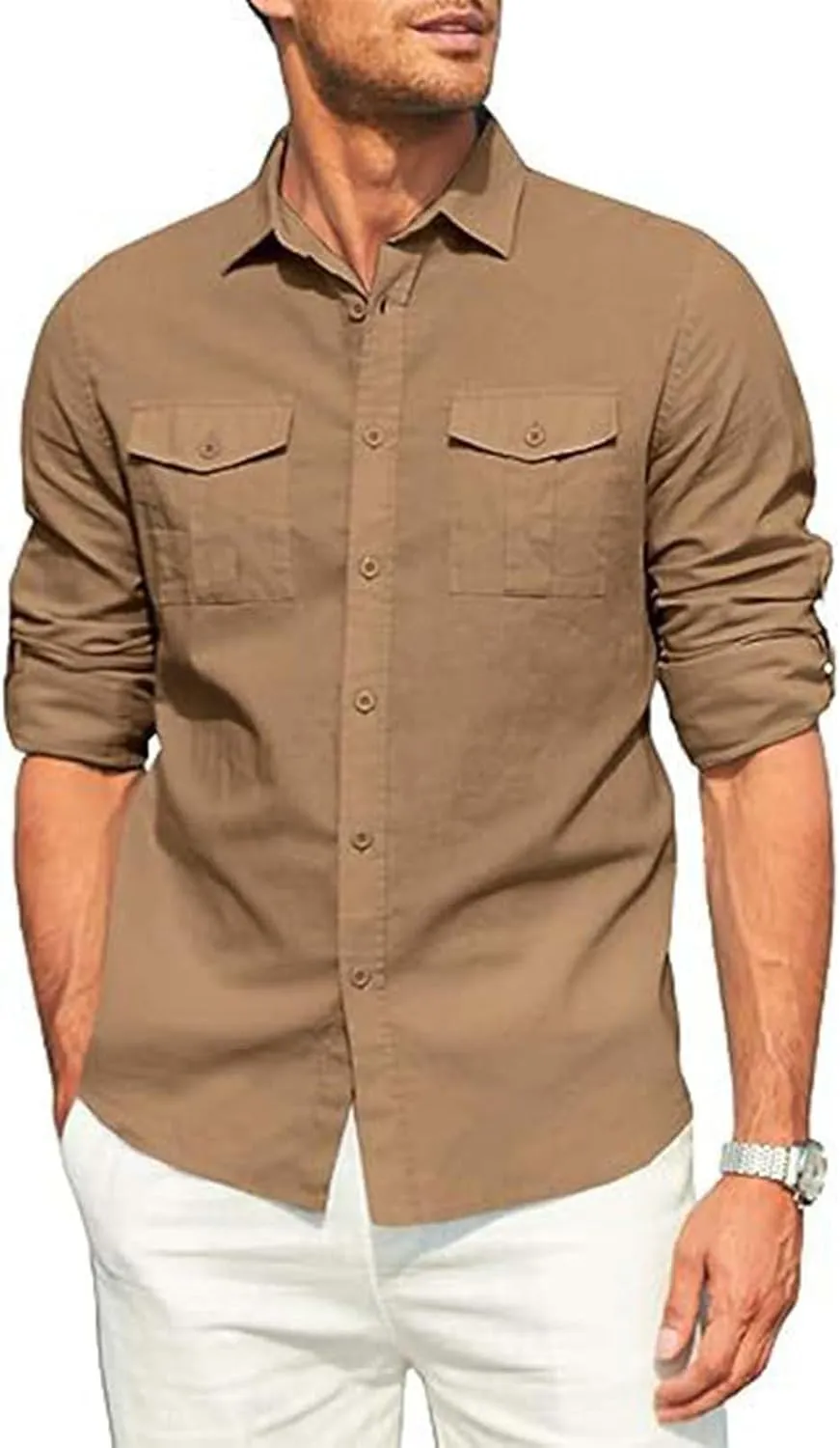 Men's Cuban Guayabera Cotton Linen Long Sleeve Dress Shirt Casual Fashion Button up Shirts Jackets with 2 Pockets