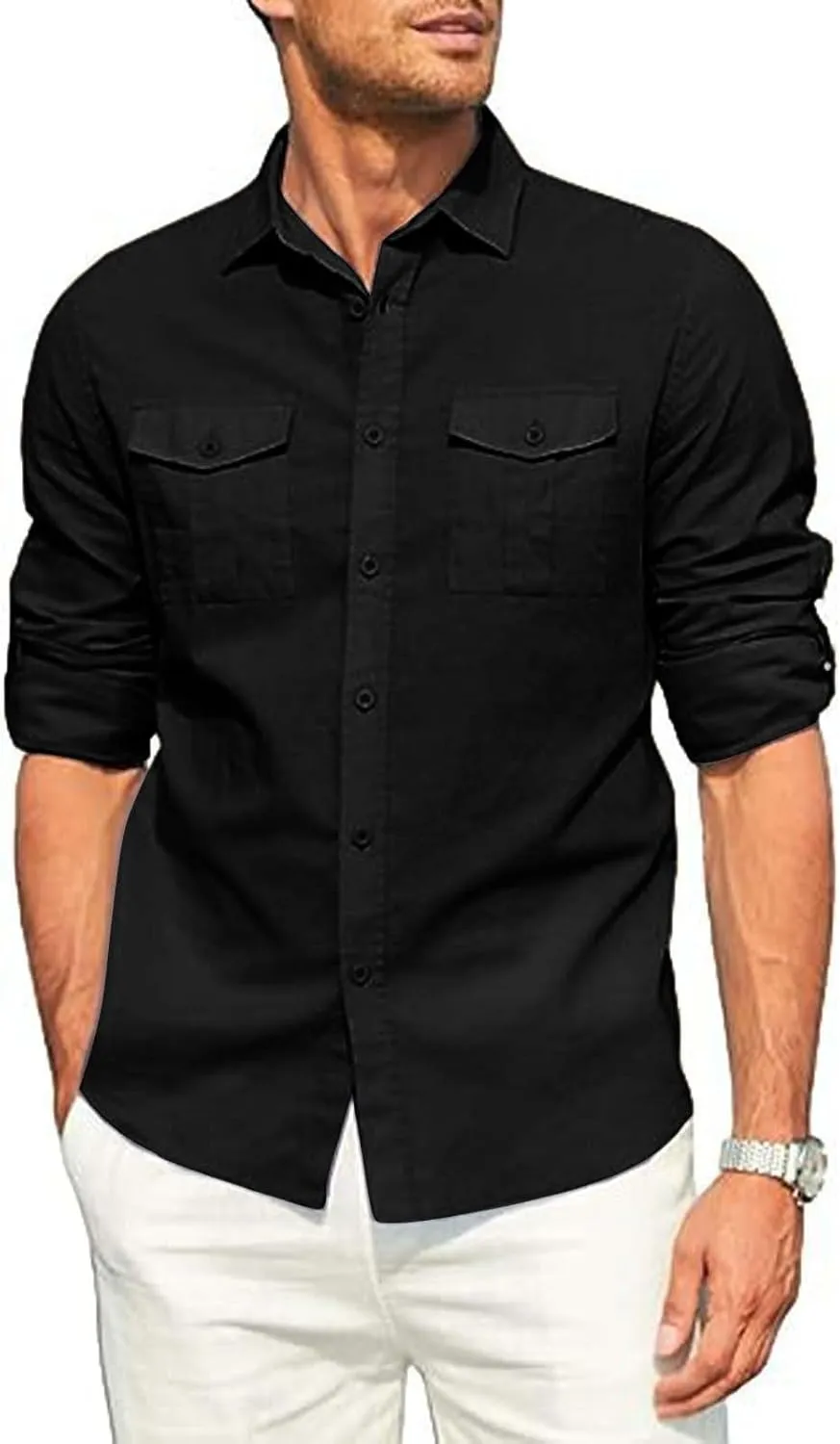 Men's Cuban Guayabera Cotton Linen Long Sleeve Dress Shirt Casual Fashion Button up Shirts Jackets with 2 Pockets