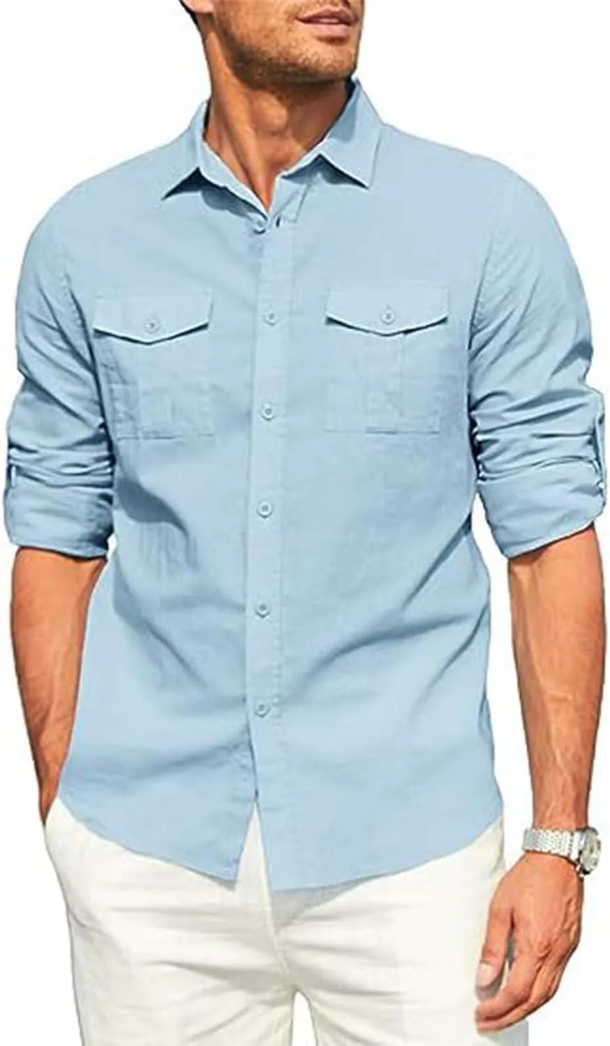 Men's Cuban Guayabera Cotton Linen Long Sleeve Dress Shirt Casual Fashion Button up Shirts Jackets with 2 Pockets