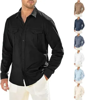 Men's Cuban Guayabera Cotton Linen Long Sleeve Dress Shirt Casual Fashion Button up Shirts Jackets with 2 Pockets