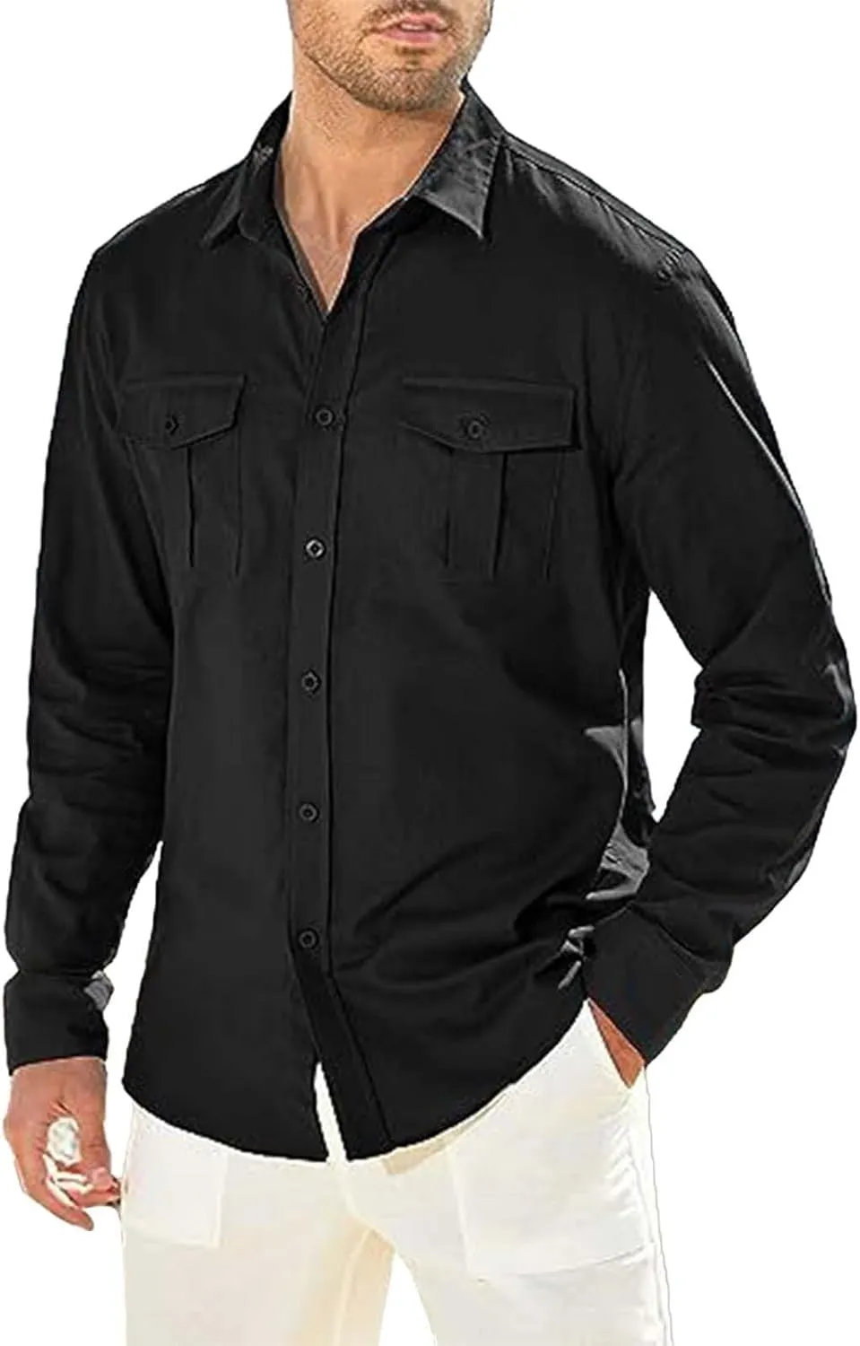 Men's Cuban Guayabera Cotton Linen Long Sleeve Dress Shirt Casual Fashion Button up Shirts Jackets with 2 Pockets