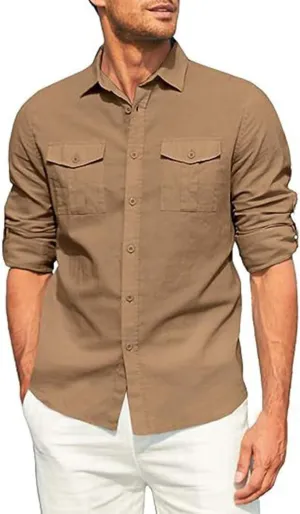 Men's Cuban Guayabera Cotton Linen Long Sleeve Dress Shirt Casual Fashion Button up Shirts Jackets with 2 Pockets