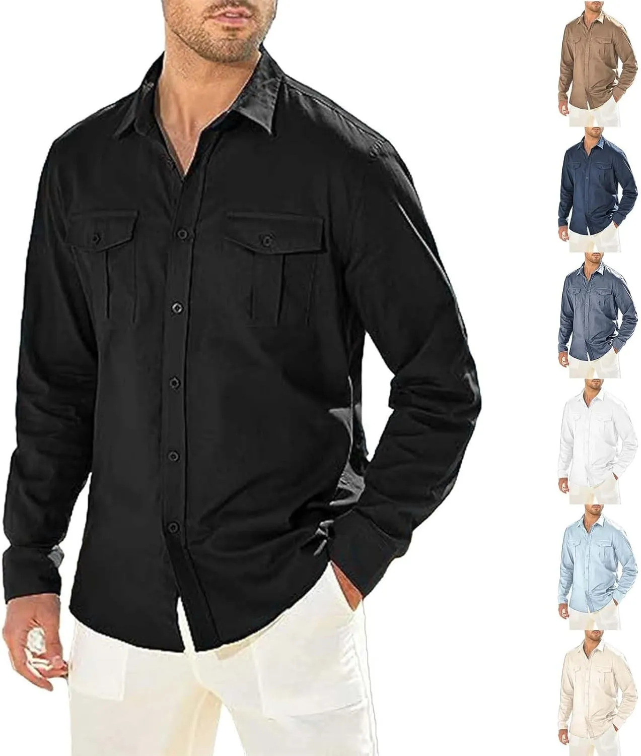 Men's Cuban Guayabera Cotton Linen Long Sleeve Dress Shirt Casual Fashion Button up Shirts Jackets with 2 Pockets