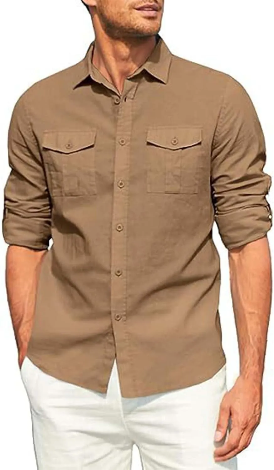 Men's Cuban Guayabera Cotton Linen Long Sleeve Dress Shirt Casual Fashion Button up Shirts Jackets with 2 Pockets