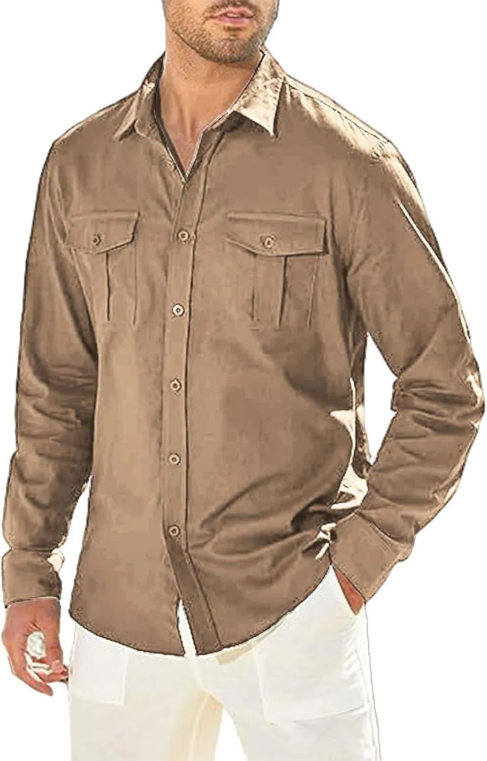 Men's Cuban Guayabera Cotton Linen Long Sleeve Dress Shirt Casual Fashion Button up Shirts Jackets with 2 Pockets