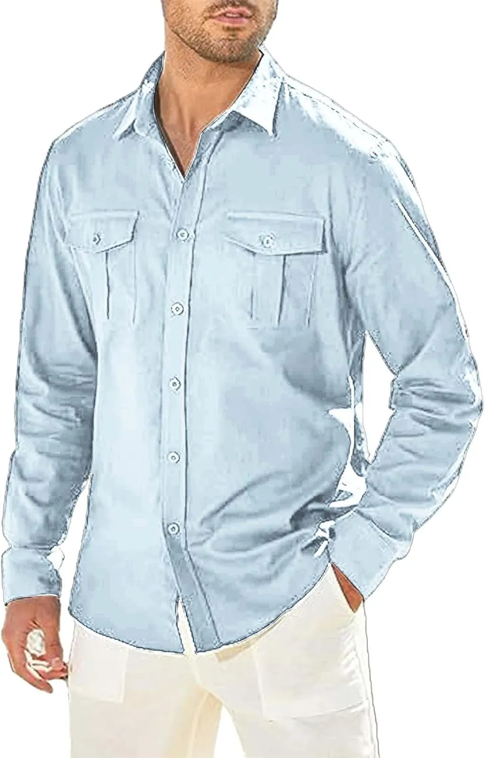Men's Cuban Guayabera Cotton Linen Long Sleeve Dress Shirt Casual Fashion Button up Shirts Jackets with 2 Pockets
