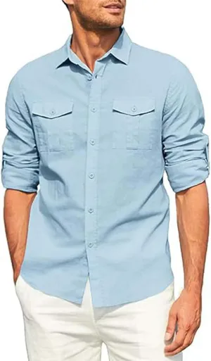 Men's Cuban Guayabera Cotton Linen Long Sleeve Dress Shirt Casual Fashion Button up Shirts Jackets with 2 Pockets
