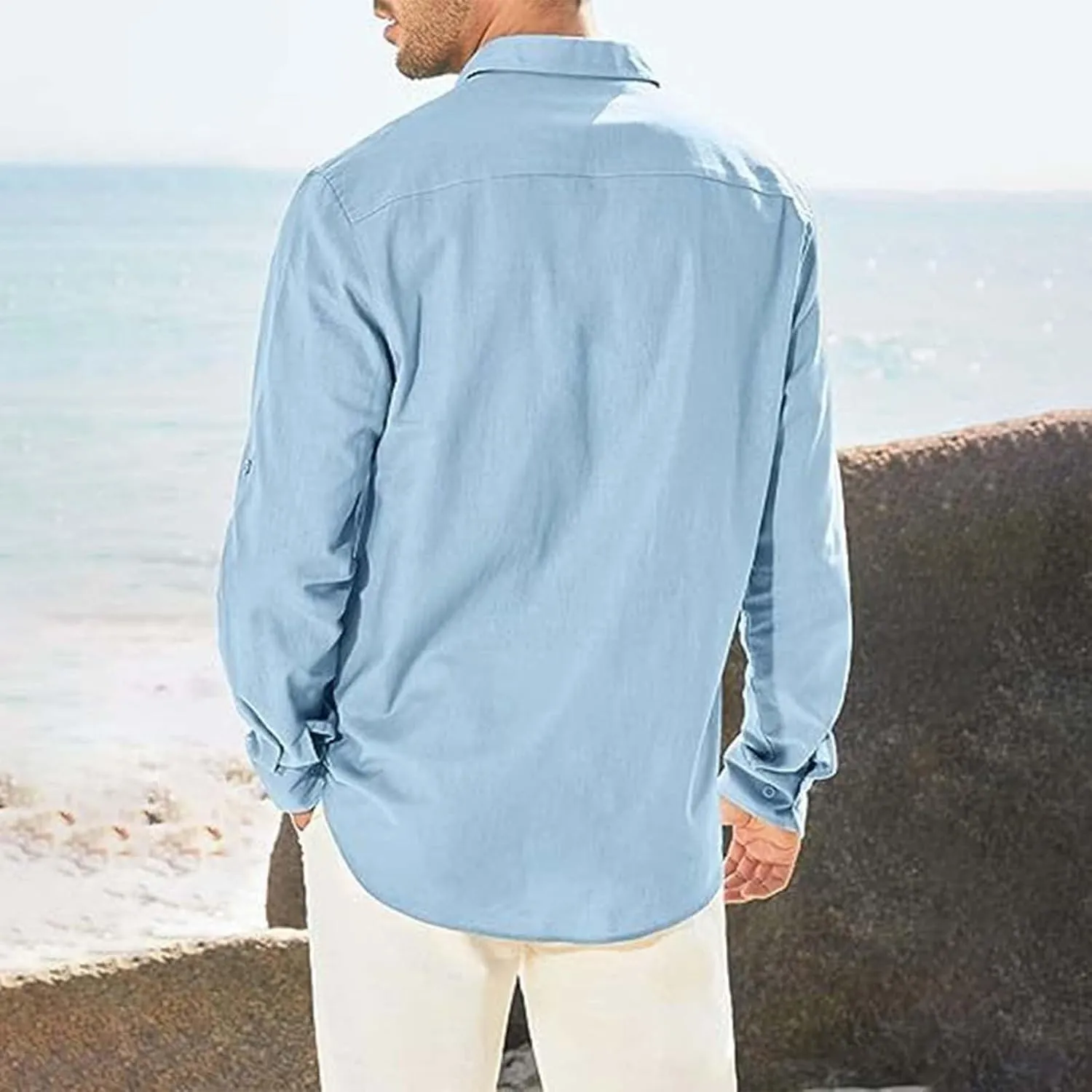 Men's Cuban Guayabera Cotton Linen Long Sleeve Dress Shirt Casual Fashion Button up Shirts Jackets with 2 Pockets