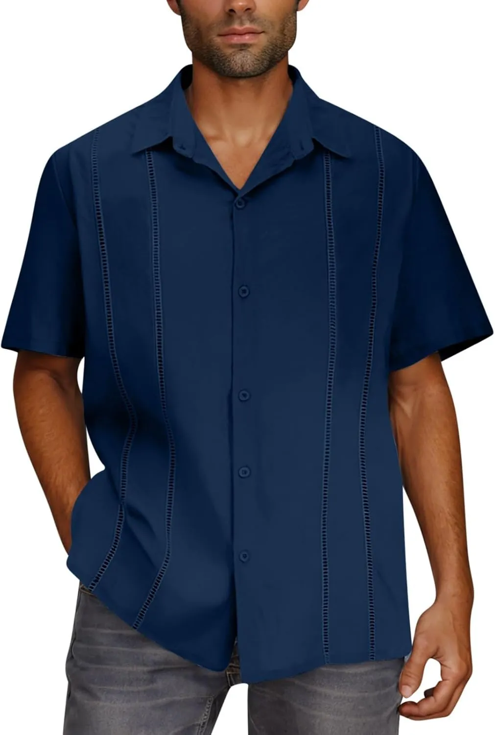 Men's Cuban Guayabera Shirt Short Sleeve Button Down Textured Dress Shirts Casual Summer Beach Mexican Linen Tops