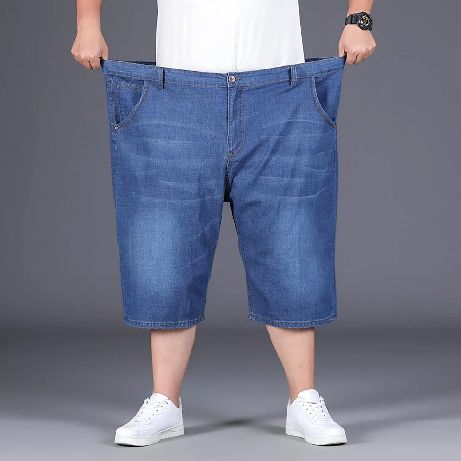 Mens Denim Shorts Oversized Loose Fit Summer Casual Stretch Cotton Jean Shorts Trendy Elastic Waist Crop Pants Pocket