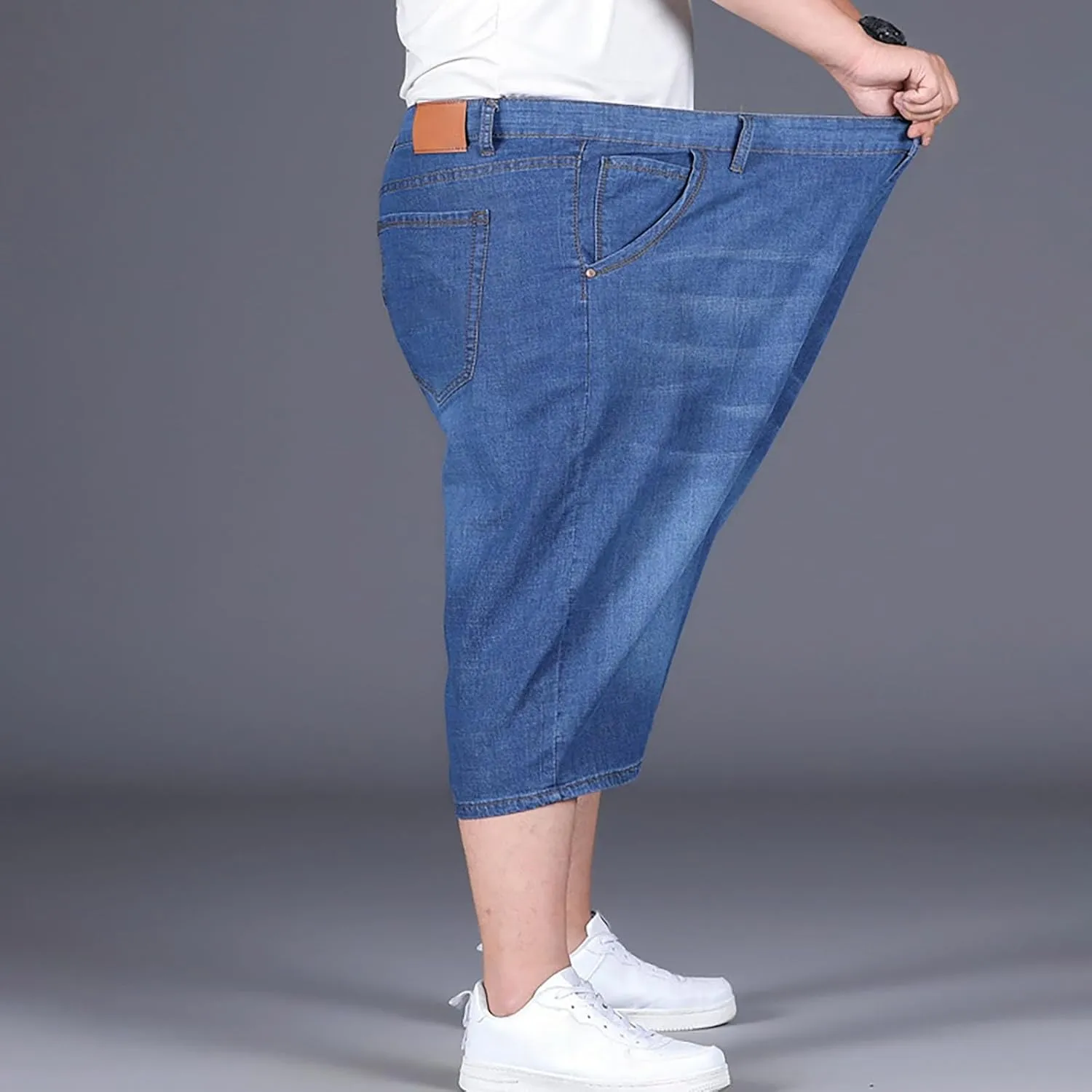 Mens Denim Shorts Oversized Loose Fit Summer Casual Stretch Cotton Jean Shorts Trendy Elastic Waist Crop Pants Pocket
