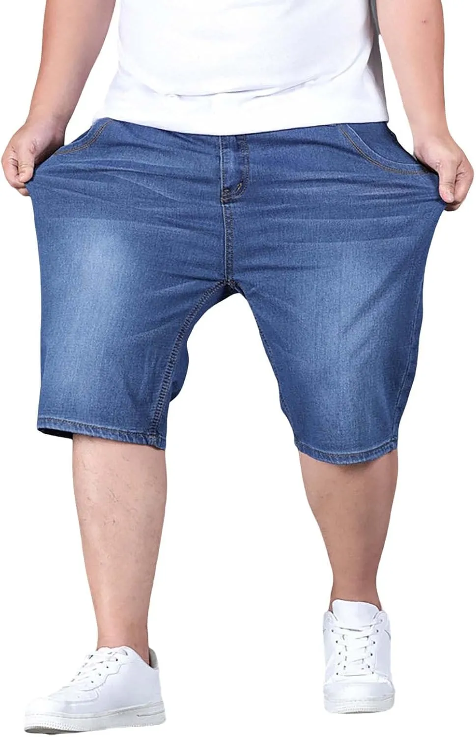 Mens Denim Shorts Oversized Loose Fit Summer Casual Stretch Cotton Jean Shorts Trendy Elastic Waist Crop Pants Pocket