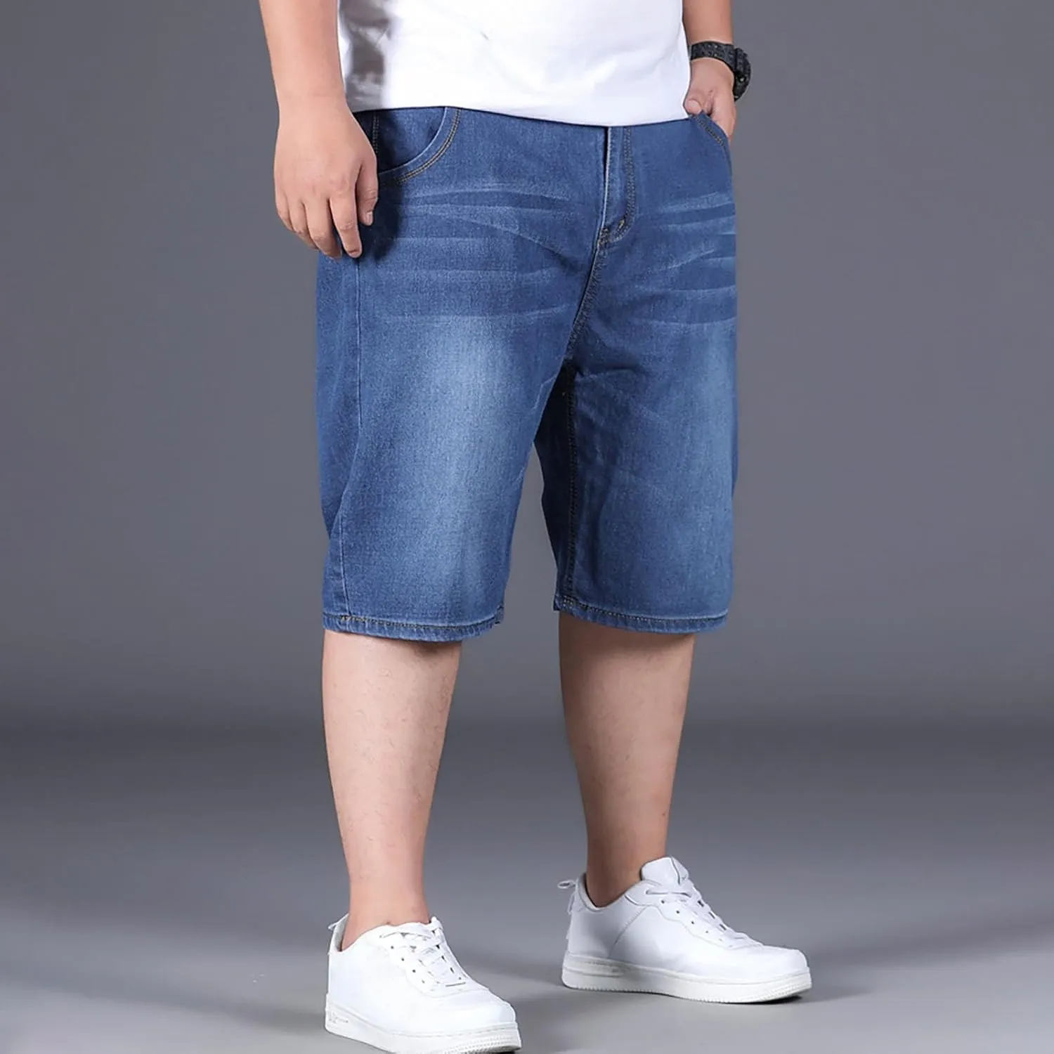 Mens Denim Shorts Oversized Loose Fit Summer Casual Stretch Cotton Jean Shorts Trendy Elastic Waist Crop Pants Pocket